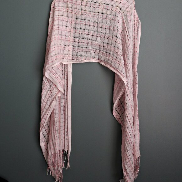 Lightweight Long Open Weave White & Pink Scarf - Picture 3 of 11